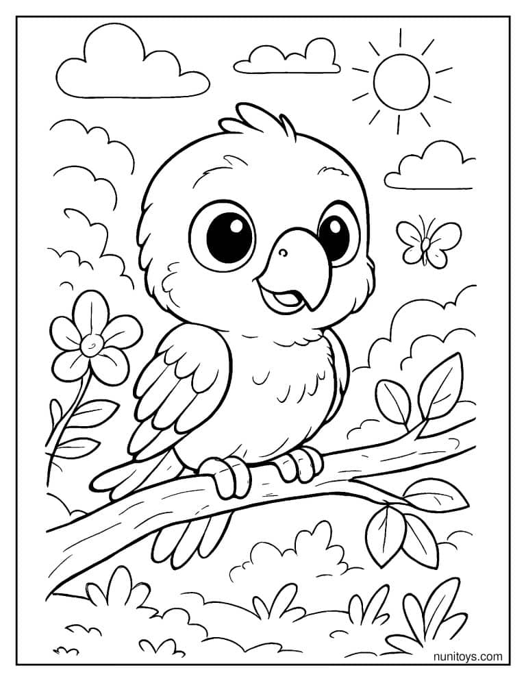 Coloriage perroquet souriant sur une branche fleurie
