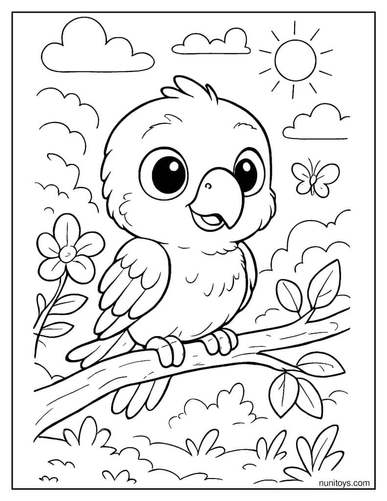 תוכי תינוק יושב על ענף בגינה שטופת שמש