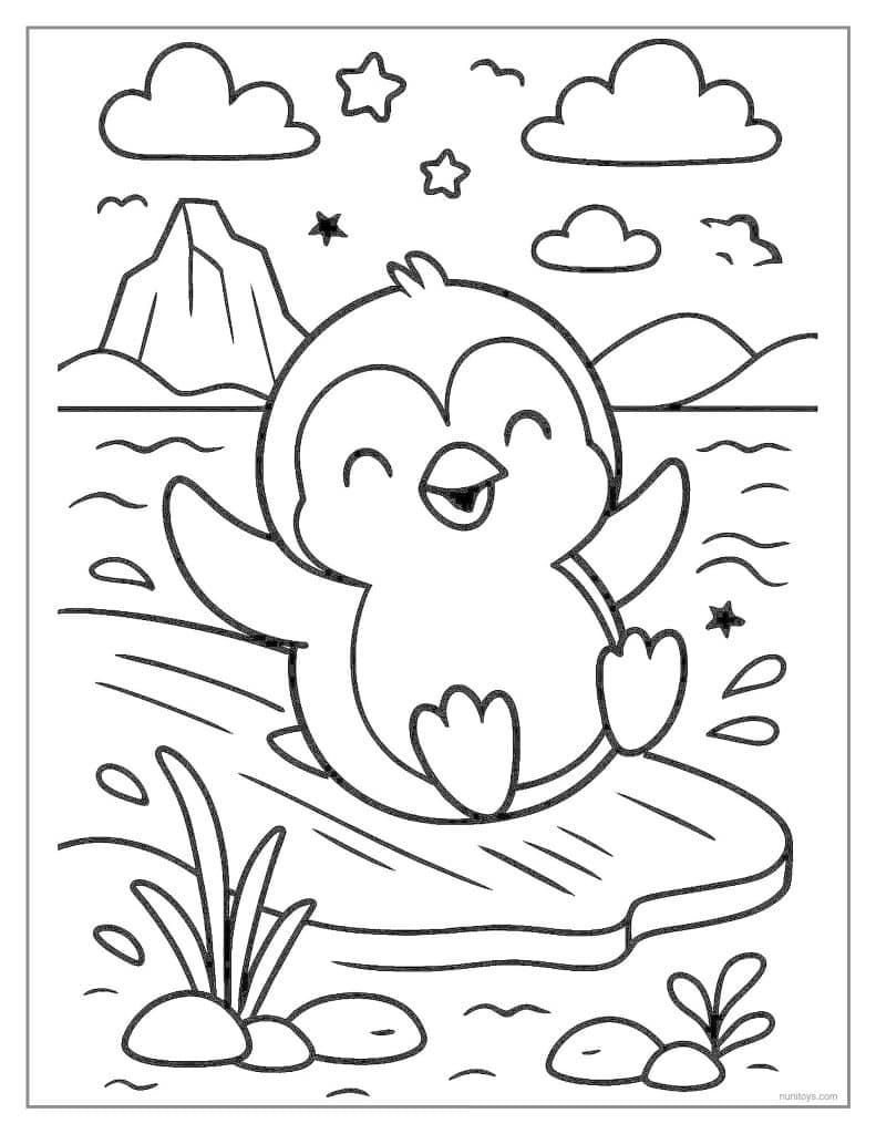 Happy Penguin Sliding on Ice Coloring Page