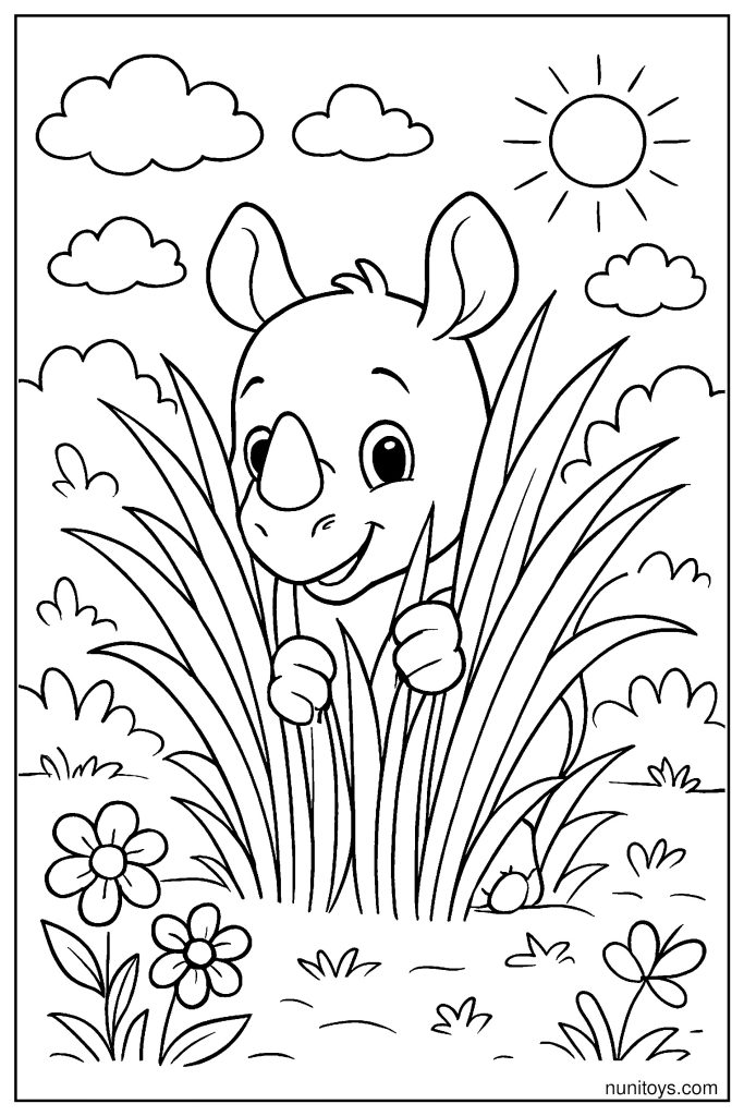 Baby Rhino Peekaboo: Hidden in Tall Grass Coloring Page