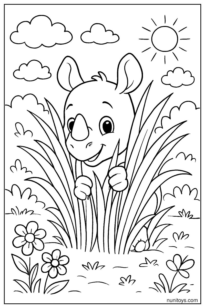 Baby Rhino Peekaboo: Hidden in Tall Grass Coloring Page
