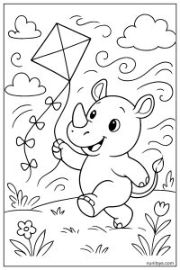 Baby Rhino Playing with a Kite Coloring Page