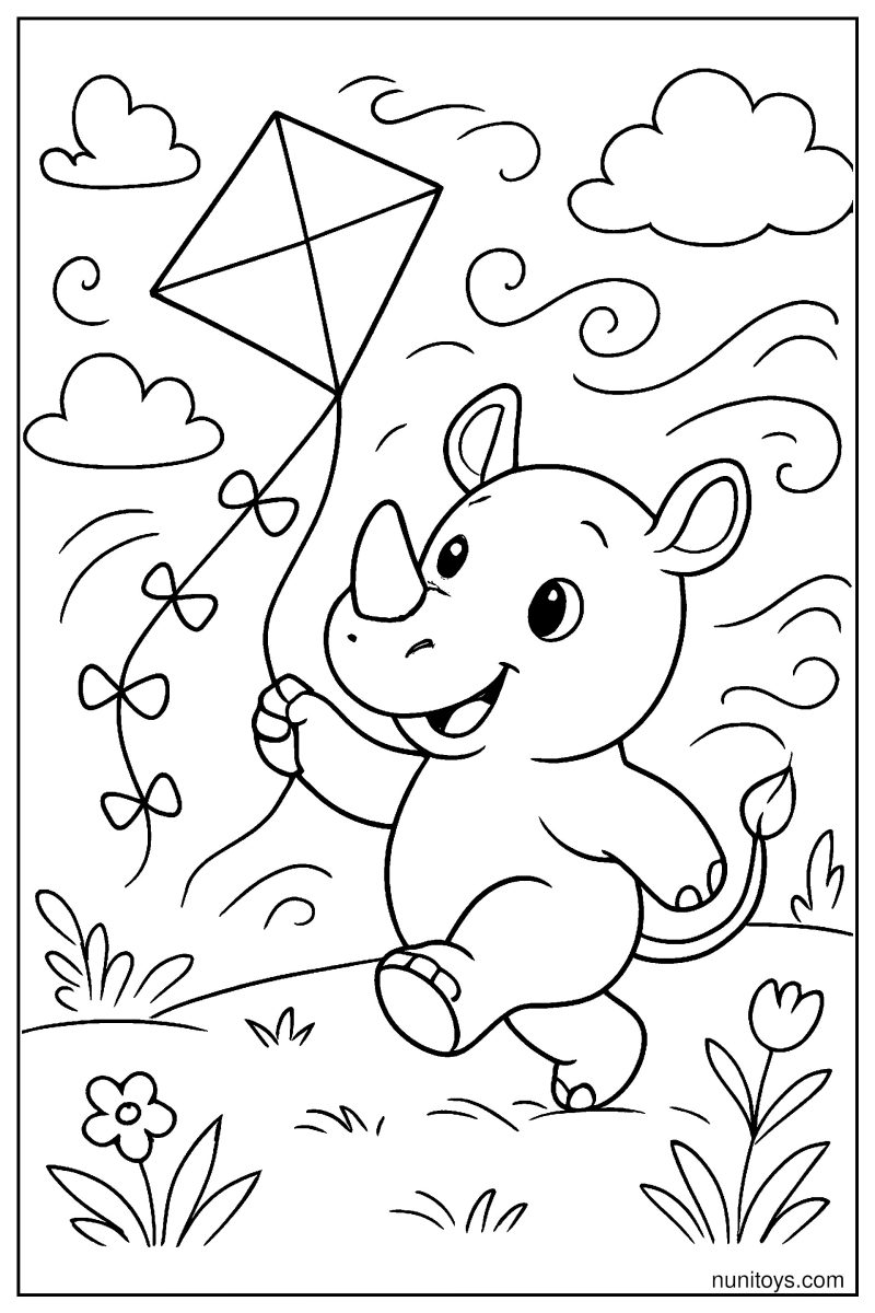 Baby Rhino Playing with a Kite Coloring Page