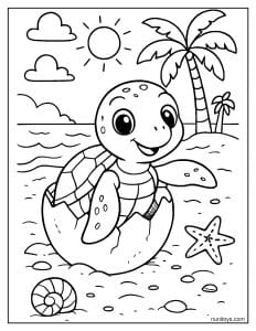 דף צביעה של צב ים קטן בוקע מהביצה על החוף