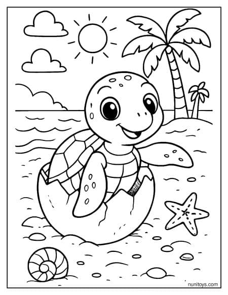 דף צביעה של צב ים קטן בוקע מהביצה על החוף