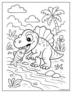 Baby Spinosaurus Enjoying a Streamful Snack Coloring Page