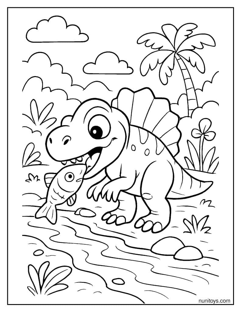 Baby Spinosaurus Enjoying a Streamful Snack Coloring Page