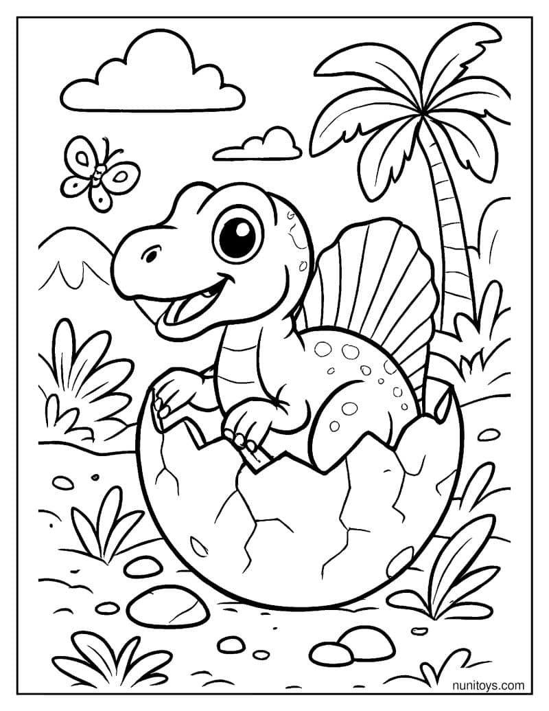 Baby Spinosaurus Sitting Inside a Cracked Egg Shell Coloring Page