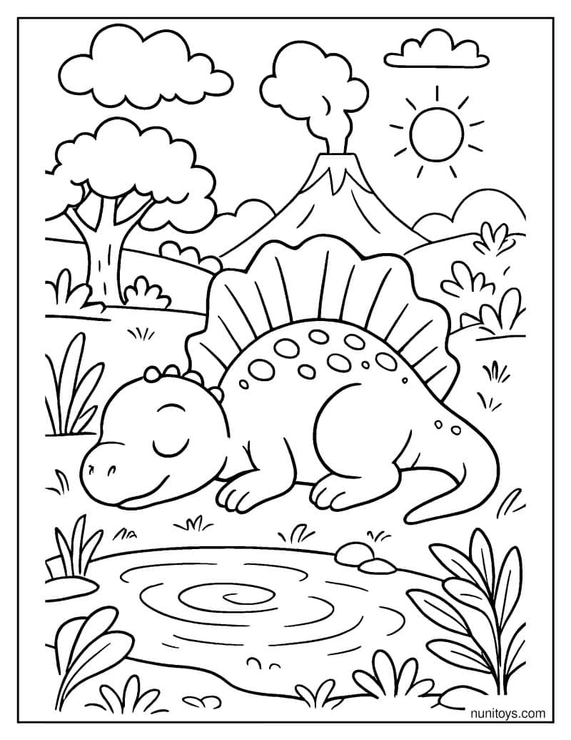 Baby Spinosaurus Sleeping by a Calm Water Pool Coloring Page