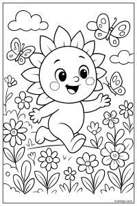 Baby Sun Character Playing with Butterflies in a Flower Field Coloring Page