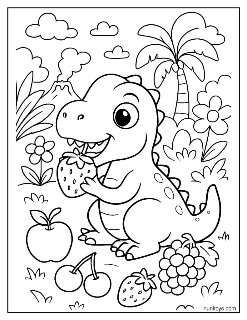 Baby T-Rex Enjoying Fruits in a Colorful Prehistoric Garden