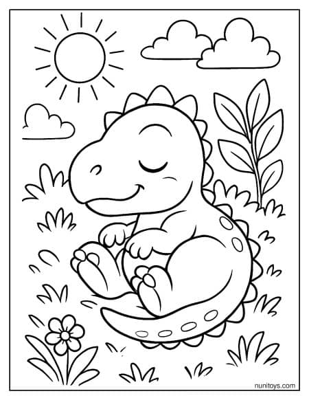 Sleeping T-Rex Resting in Sunny Field Coloring Page
