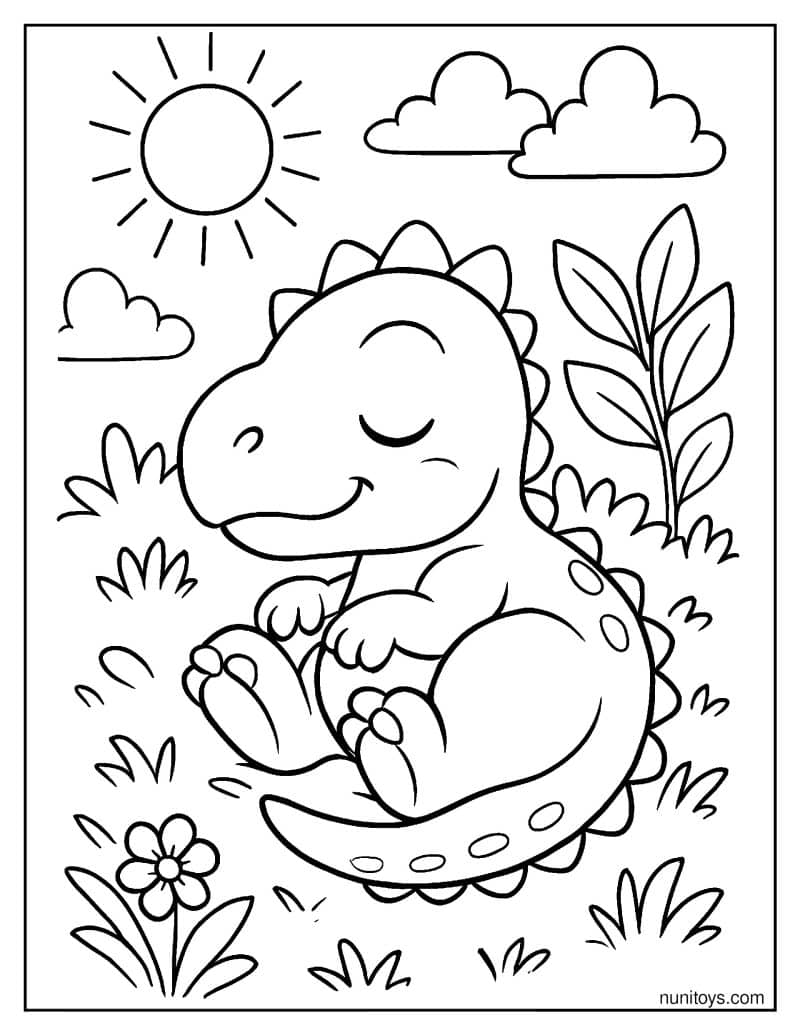 Baby T-Rex Sleeping Peacefully on Soft Grass Coloring Page