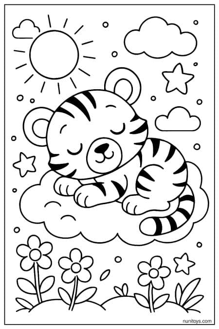 Sleeping Tiger Curled on a Cloud Under the Sun Coloring Page