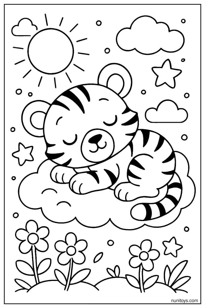 Sleeping Tiger Curled on a Cloud Under the Sun Coloring Page