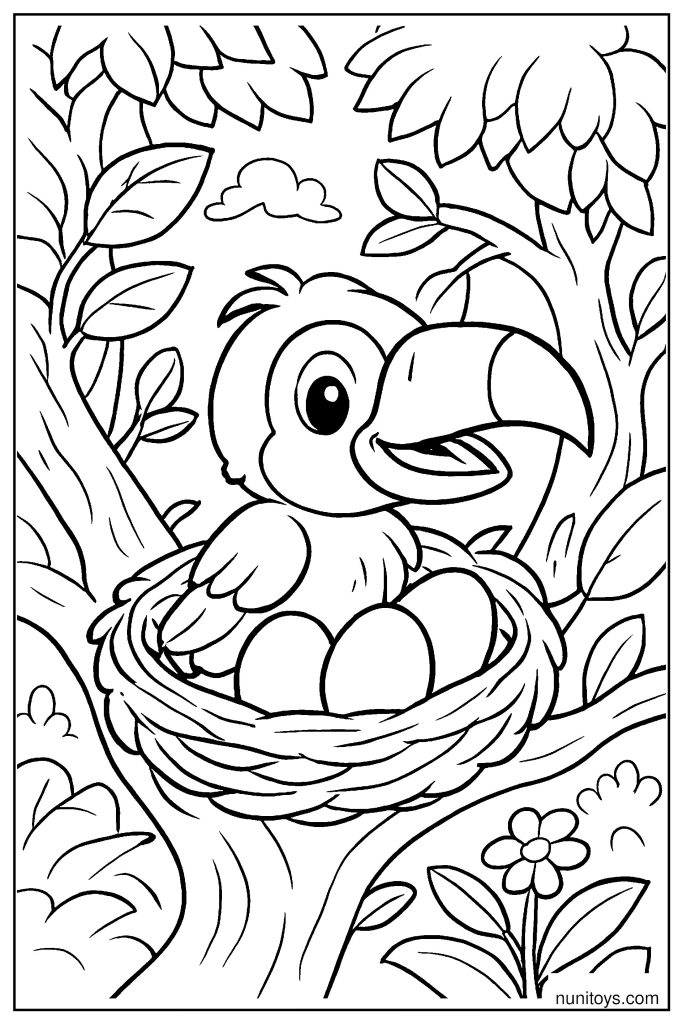 Baby Toucan Peeking from Nest in Tree Canopy Coloring Page