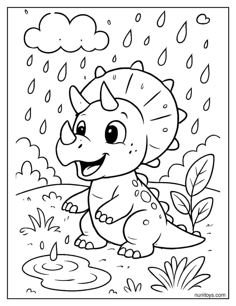 Baby Triceratops Enjoying Rain Drops in a Gentle Shower Coloring Page