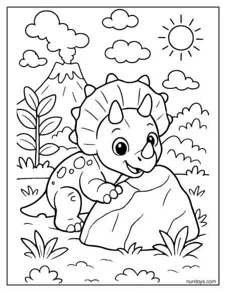 Baby Triceratops Climbing Rock Near Volcano Coloring Page