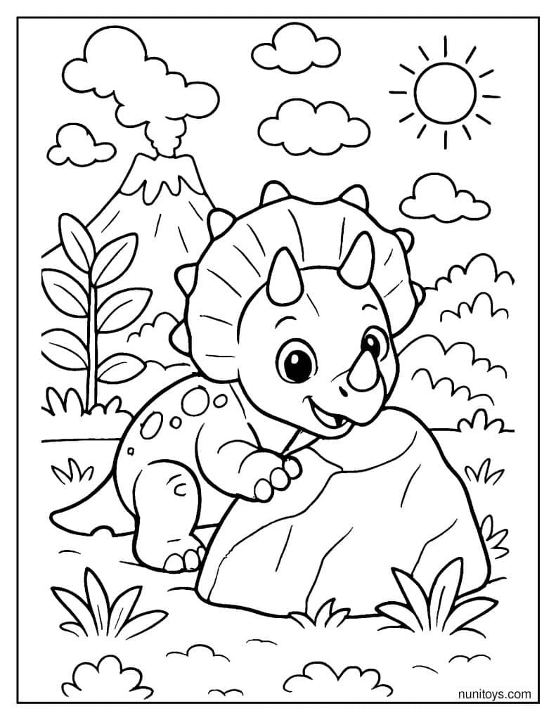 Baby Triceratops Hiding Behind a Rock Coloring Page
