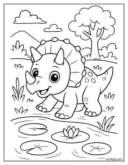 Baby Triceratops Walking Near Pond with Lily Pads Coloring Page