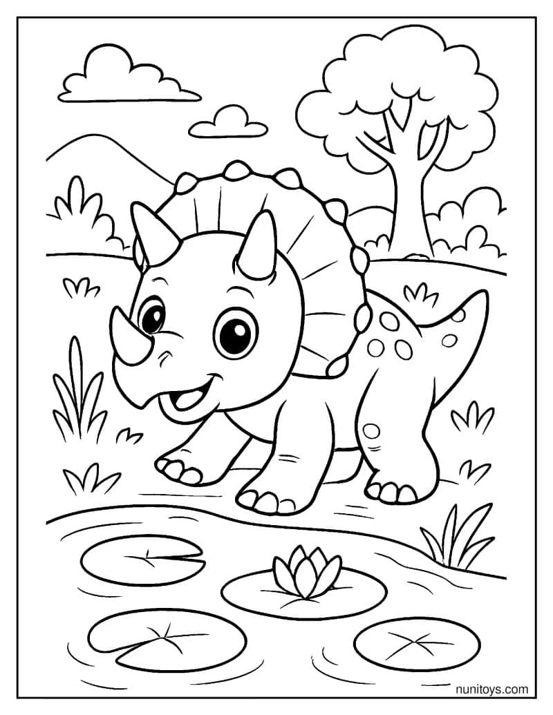 Baby Triceratops by the Pond Coloring Page