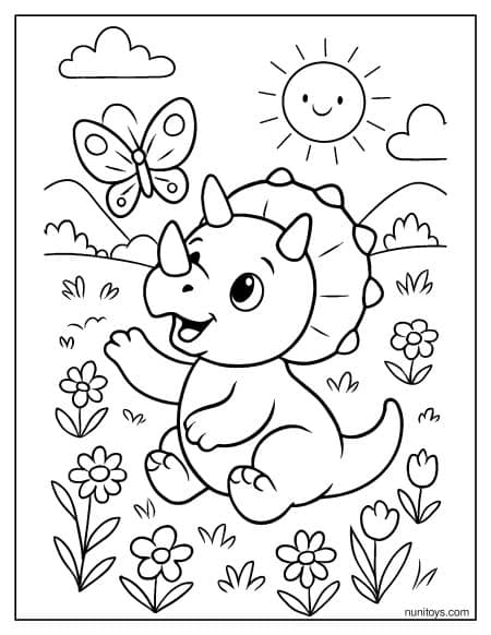 Cute Baby Triceratops Playing with Butterfly Coloring Page