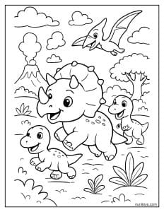 Baby Triceratops Running Happily with Other Baby Dinosaurs Coloring Page