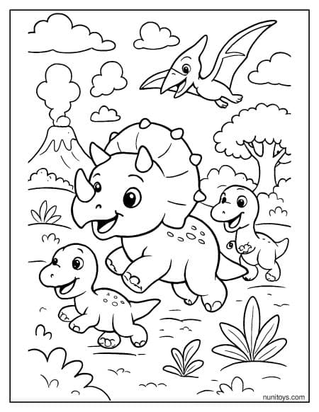 Baby Triceratops Walking with Small Dinosaurs Coloring Page