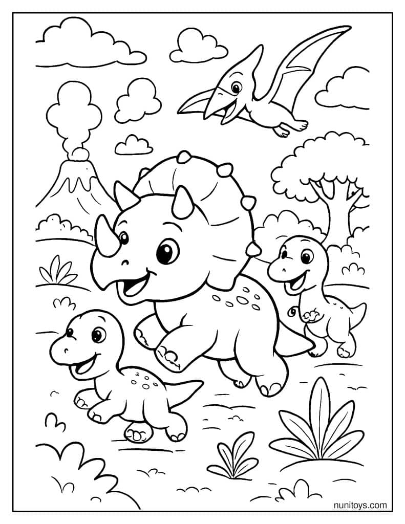 Baby Triceratops Running Happily with Other Baby Dinosaurs Coloring Page