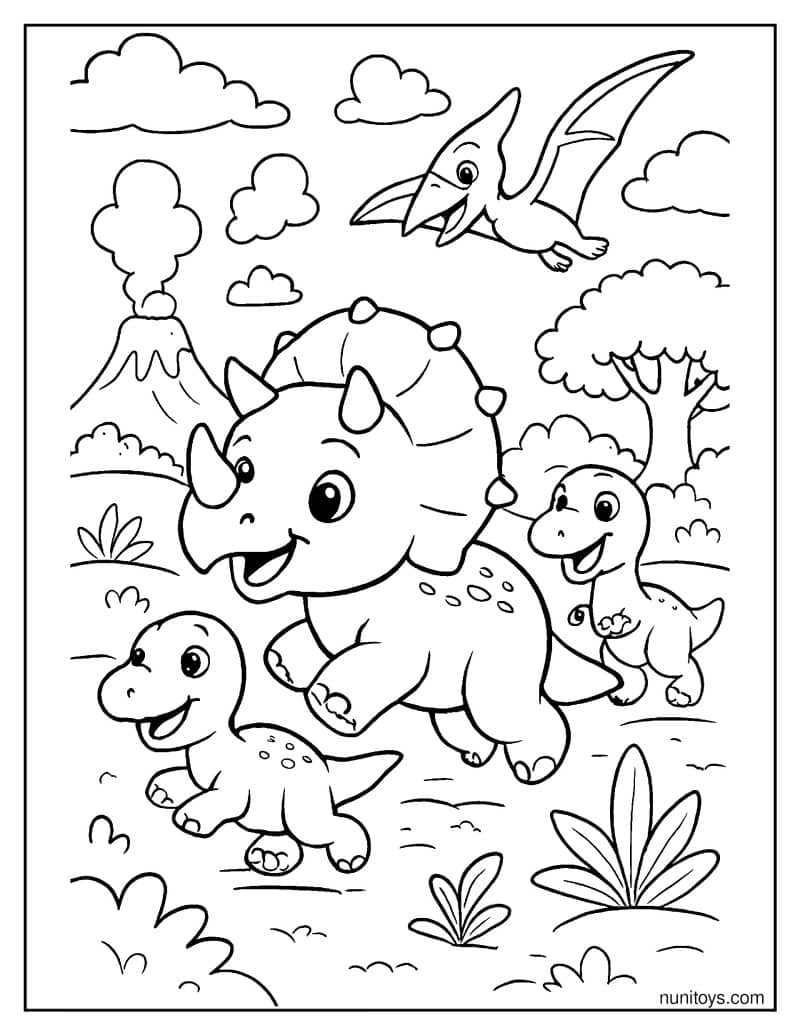 Baby Triceratops Running Happily with Other Baby Dinosaurs Coloring Page