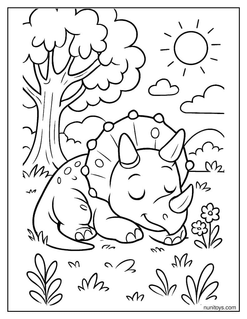 Baby Triceratops Sleeping Peacefully on Grass Coloring Page