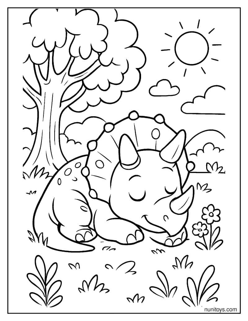 Baby Triceratops Sleeping Peacefully on Grass Coloring Page