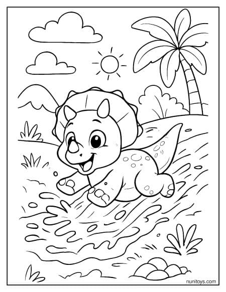 Baby Triceratops Sliding Through Water Coloring Page