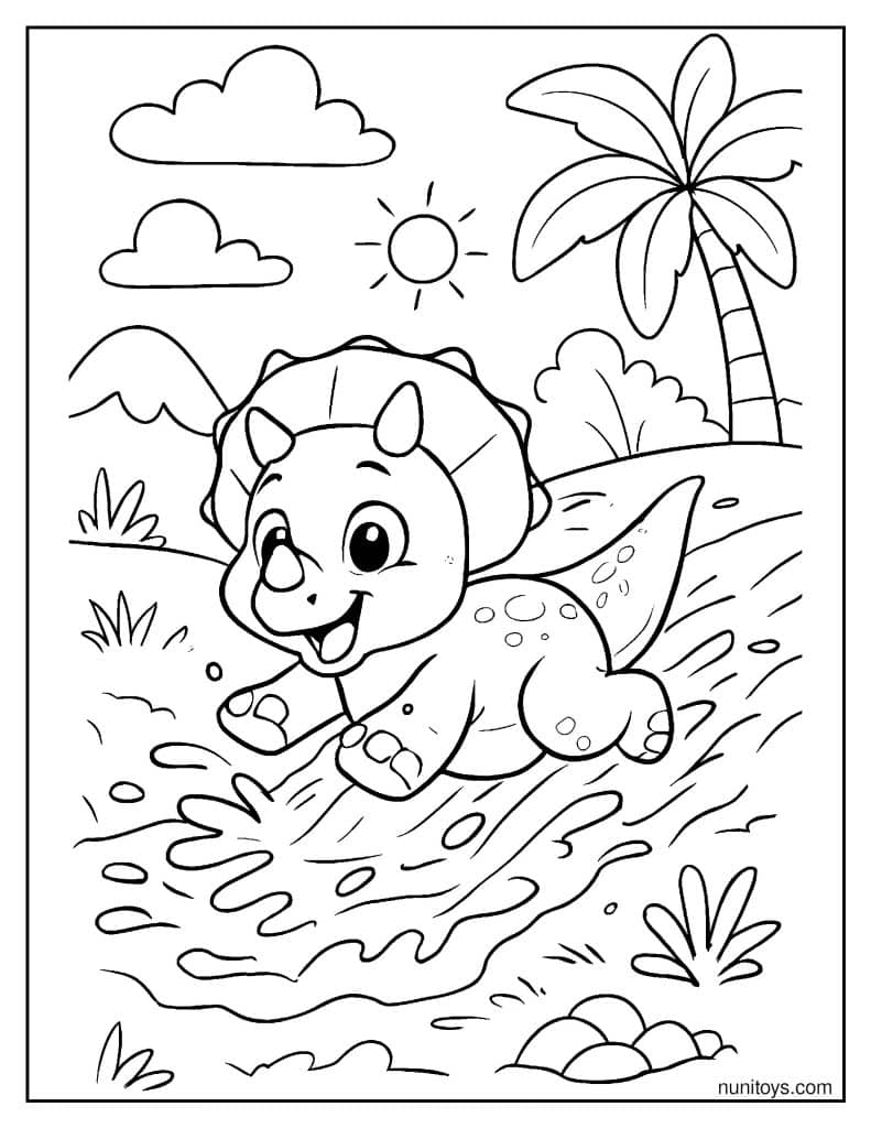 Baby Triceratops Sliding Down a Muddy Hill Coloring Page