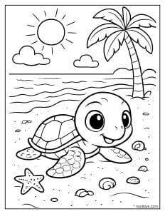 דף צביעה של צב ים קטן זוחל על חוף הים