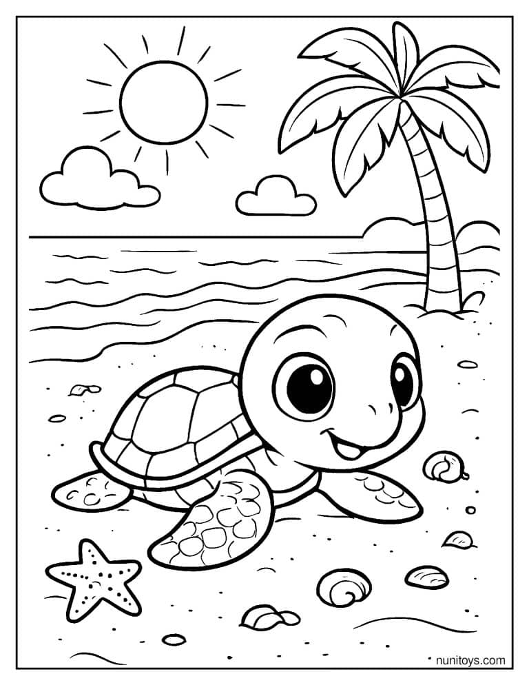 Coloriage d’une petite tortue avançant sur une plage tropicale