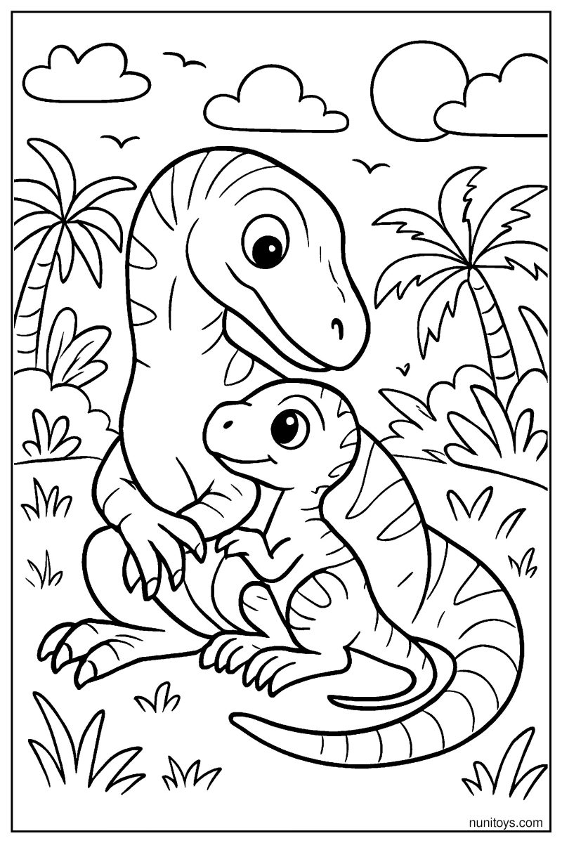 Baby Velociraptor Cuddling Close to Its Parent Coloring Page
