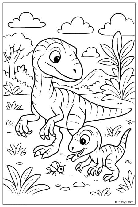 Velociraptor with Baby Near Flower Garden Coloring Page