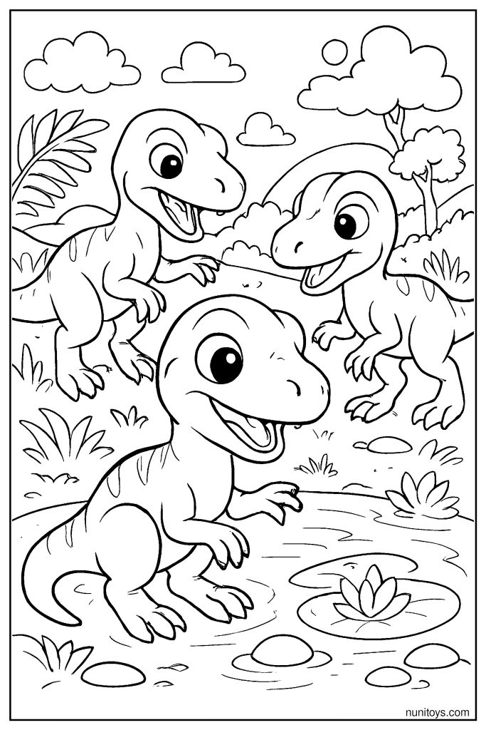 Baby Velociraptor Playing with Siblings Near a Water Source Coloring Page