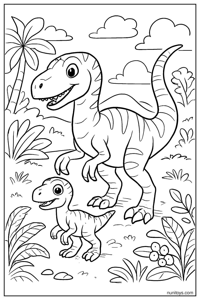 Baby Velociraptor Walking Beside Its Parent Coloring Page