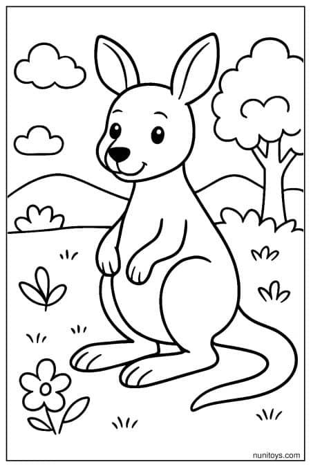 Curious Kangaroo by the Tree Coloring Sheet