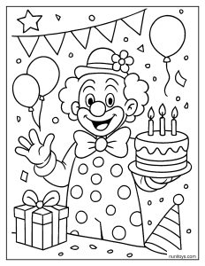 Clown celebrating birthday with cake balloons and gifts coloring page