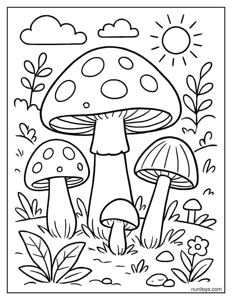 Sunny Garden Mushrooms with Plants and Sky Printable Coloring Page