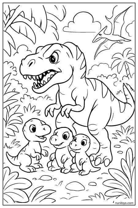 Allosaurus stands protectively with baby dinosaurs in jungle Coloring Page