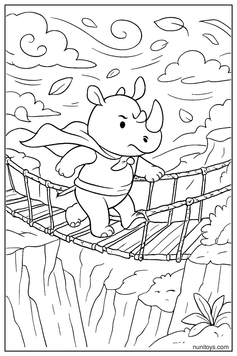 Brave Rhino Crossing a Rope Bridge Coloring Page