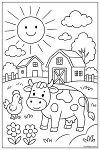 Bright Sun Over a Peaceful Countryside Farm Coloring Page