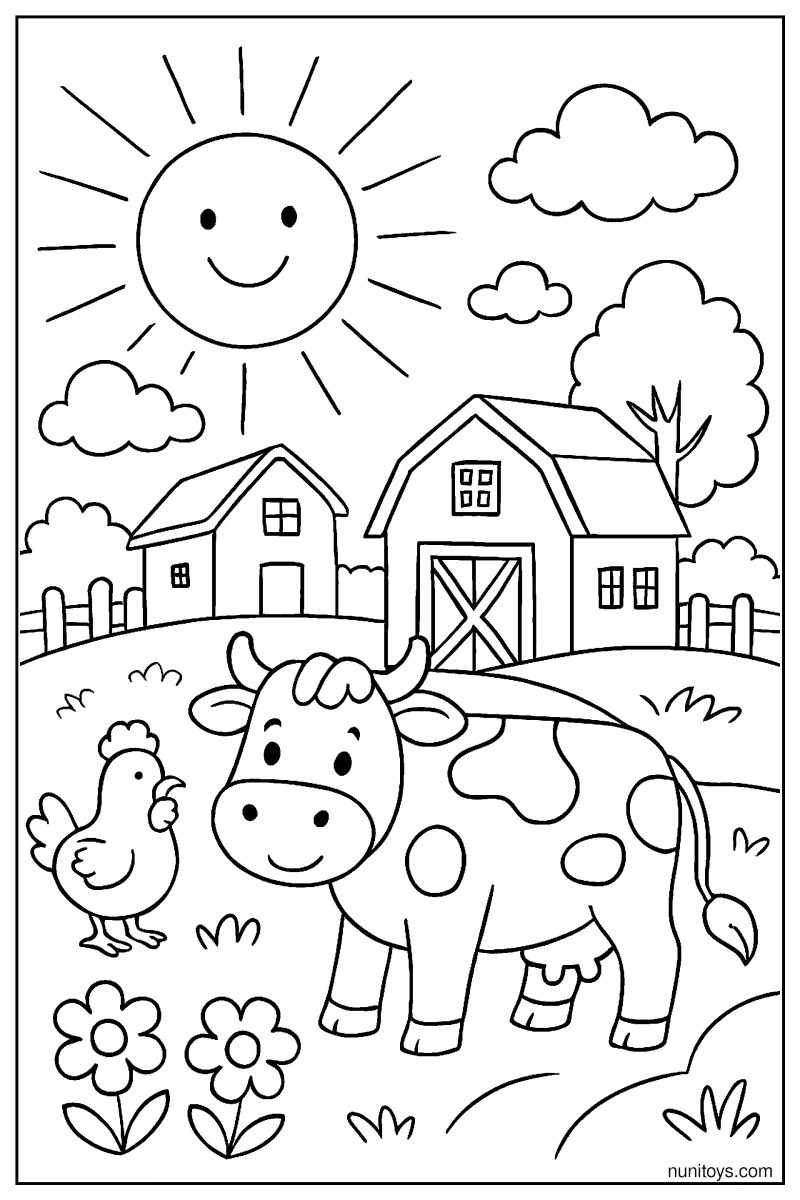 Bright Sun Over a Peaceful Countryside Farm Coloring Page
