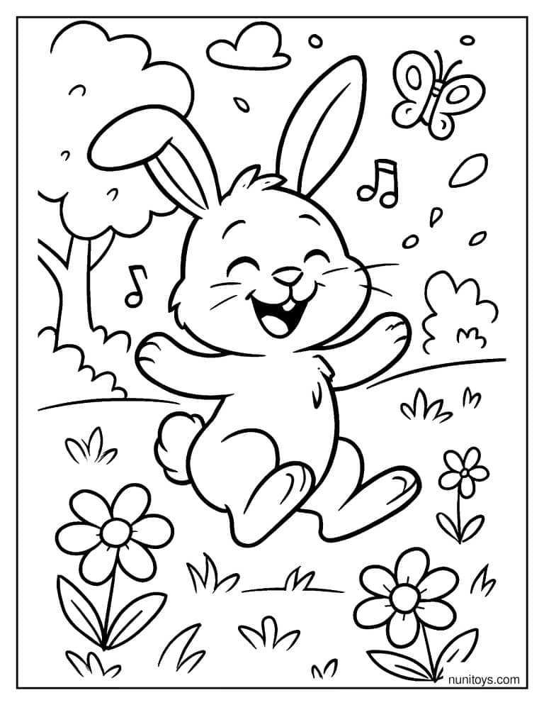 Coloriage lapin dansant parmi les fleurs et les papillons