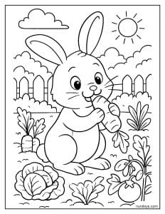 Bunny Eating a Carrot in Garden Coloring Page