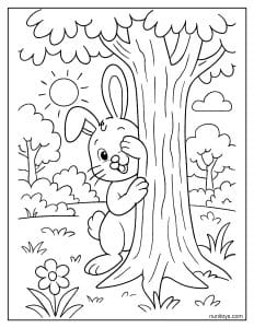 Bunny Hiding Behind Tree in Forest Coloring Page